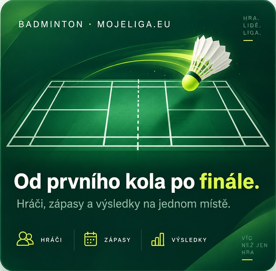 Badmintonový kurt s míčkem. Od prvního kola po finále – hráči, zápasy a výsledky na jednom místě.